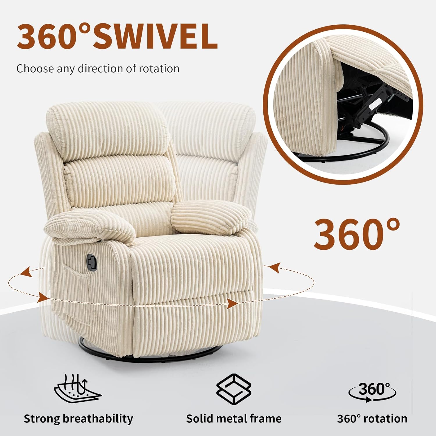 Adult 360° Rocking Recliner ChairNursery Rocker Reclining Chair with Side Pocket, a Comfy upholstered Single Sofa Armchair. Suitable for Living Room, Bedroom Nursing use, Velvet Fabric in Beige