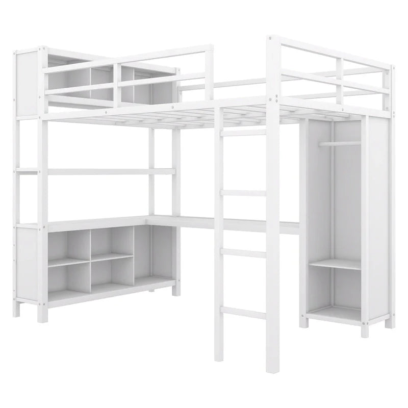 Off-White Metal Loft Bed with Desk and Wardrobe - Full Size