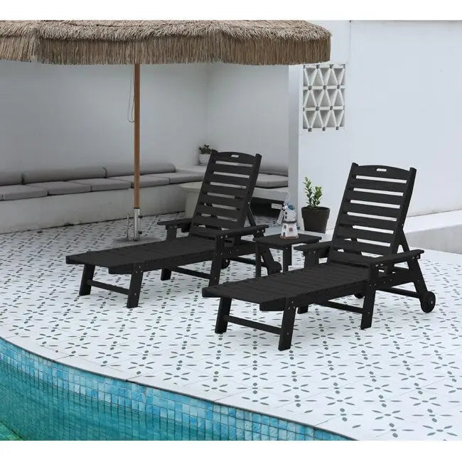 3-Piece Patio Set 2 Oversized Chaise Lounges (5-Position, Wheels, Cup Holder) + Side Table, All-Weather Wood Texture.