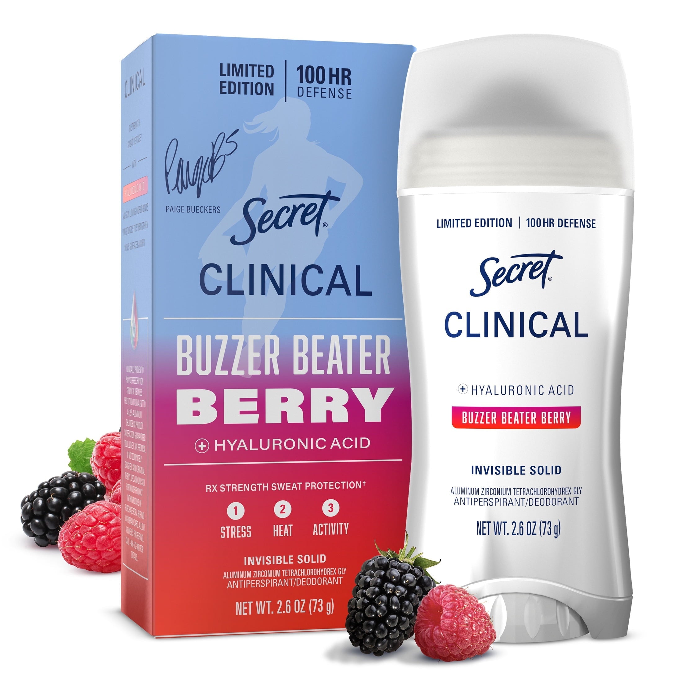 Clinical Strength 100HR Hyaluronic Acid Antiperspirant Deodorant for Women, Invisible Solid, Paige Bueckers Buzzer Beater Berry, 2.6 oz