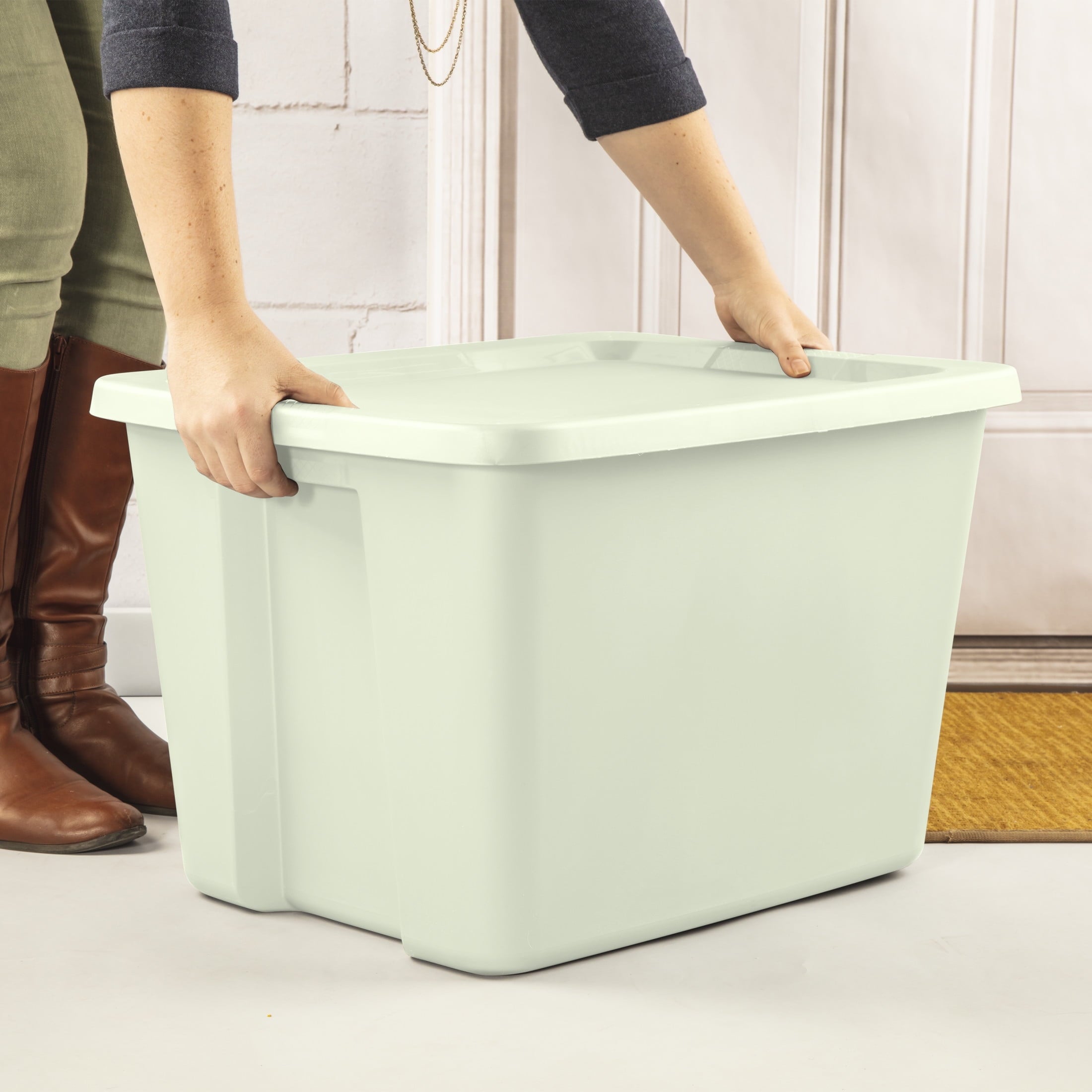 18 Gallon Tote, Plastic Storage Bin with Snap-on Lid, Light Green