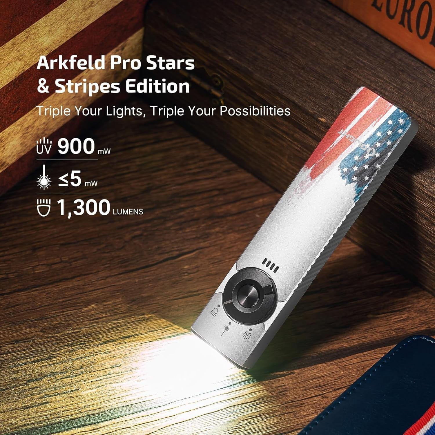 Arkfeld Pro Flat Rechargeable EDC Flashlight with 1300 Lumens LED Light UV and Laser(Red CW 5700K-6700K)