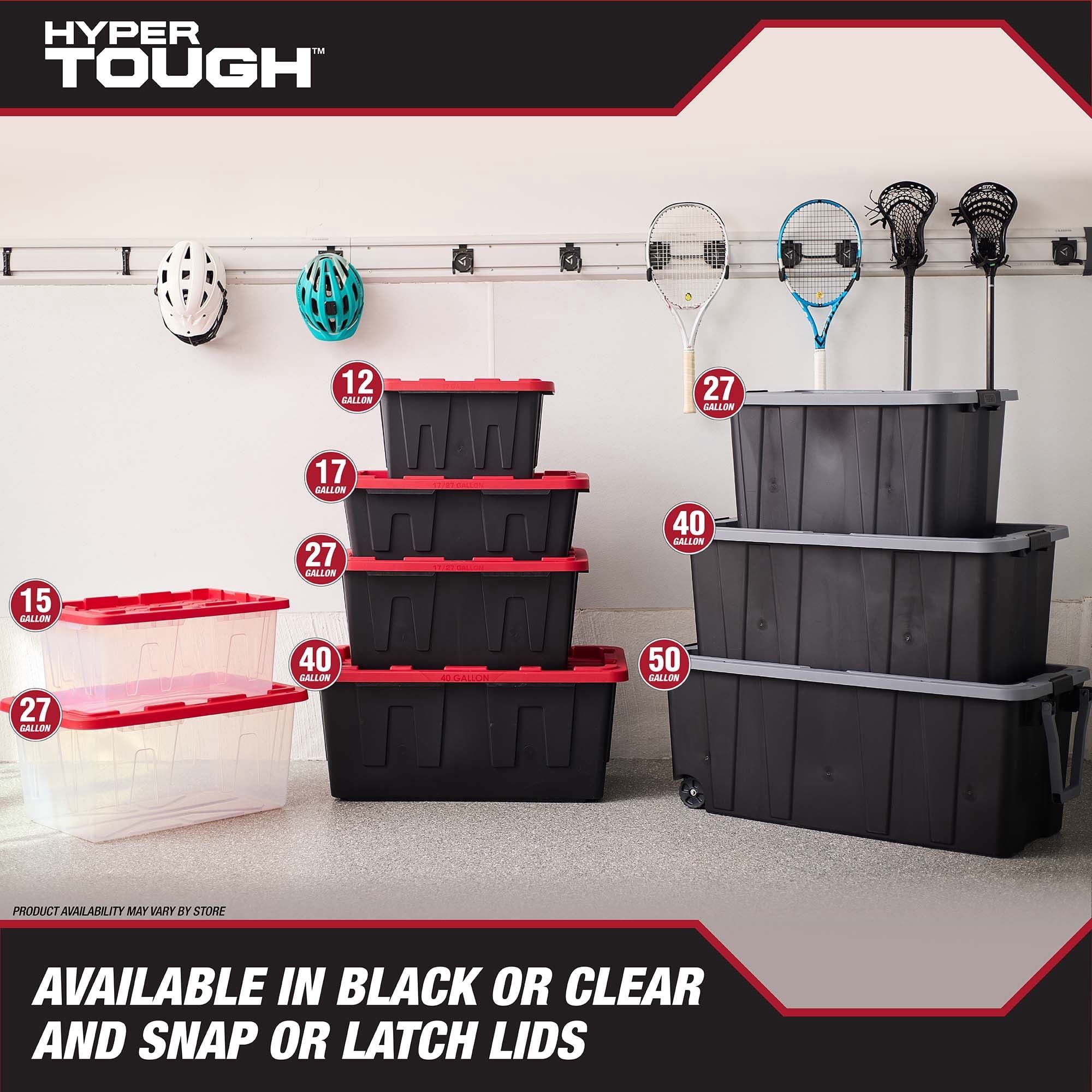 17 Gallon Medium Storage Bin with Snap Lid, Black and Red, Heavy Duty Plastic Storage Container
