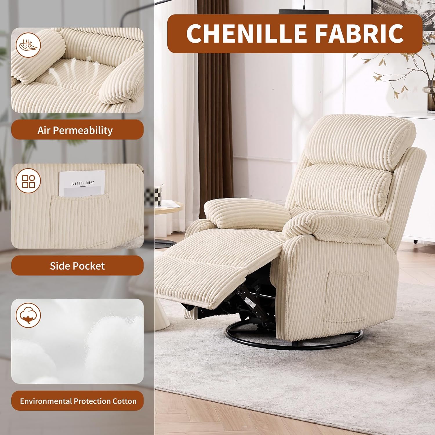 Adult 360° Rocking Recliner ChairNursery Rocker Reclining Chair with Side Pocket, a Comfy upholstered Single Sofa Armchair. Suitable for Living Room, Bedroom Nursing use, Velvet Fabric in Beige