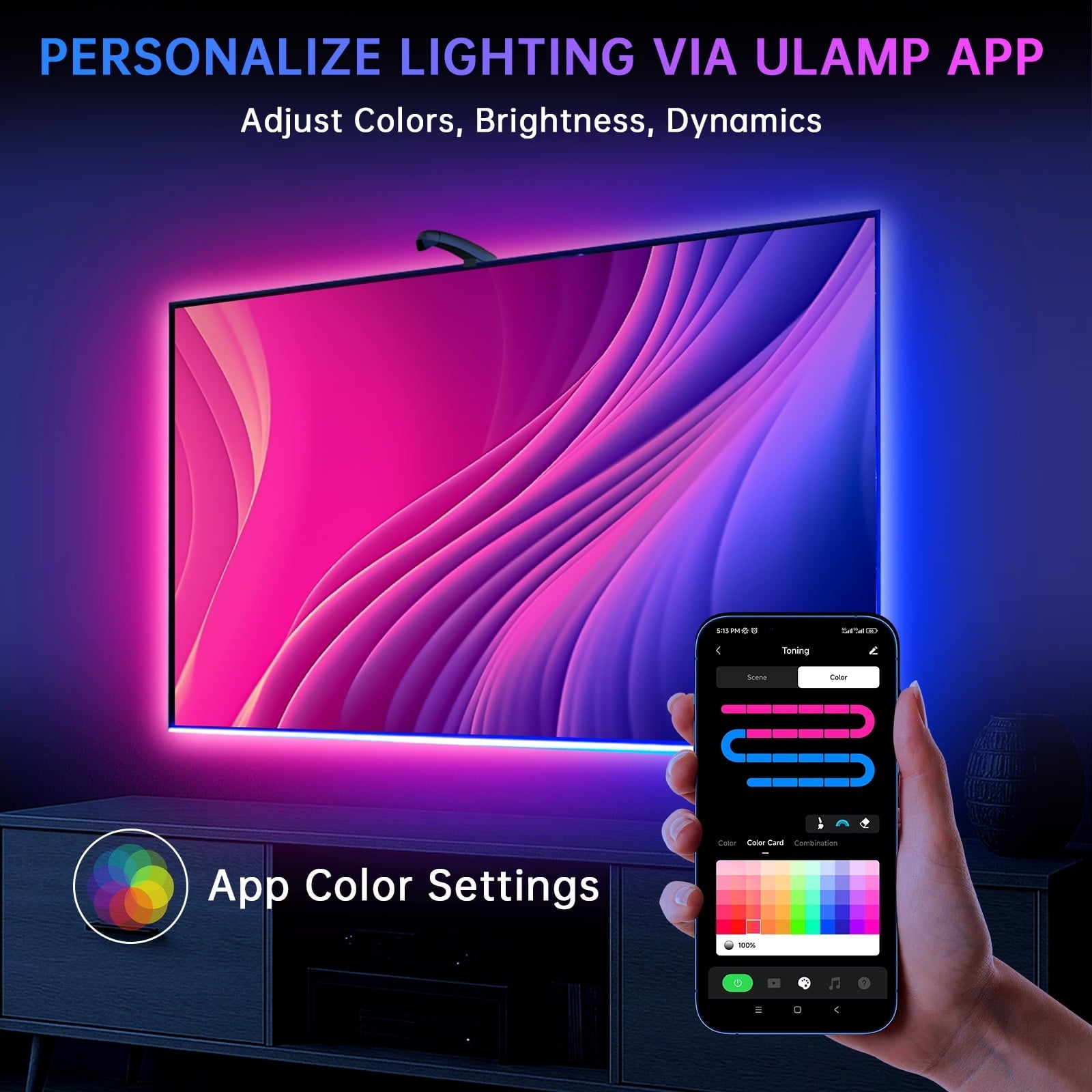 14.76ft TV LED Backlight with Screen Sync Sensor, App Control RGB Strip for 55-65" TVs, Game & Movie Color Changing