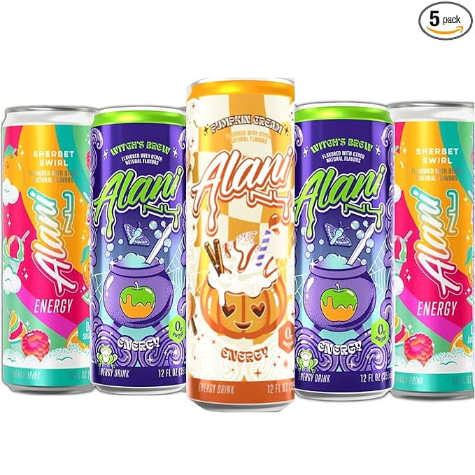 New Energy Drinks Witches Brew, Sherbet Swirl, Pumpkin Cream Variety Pack Sugar-Free, Low-Calorie, 200mg Caffeine, Energy Boost Drink 12 fl oz (Total 5 cans) Repackaged