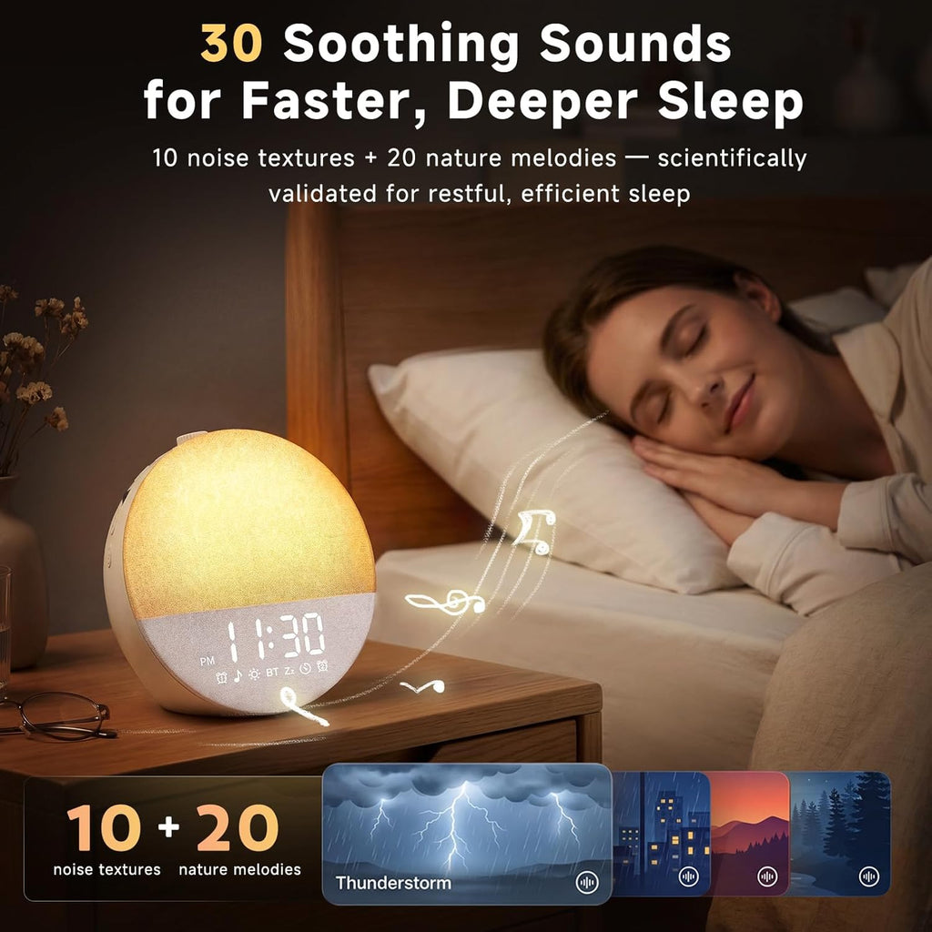 Geuuap Sunrise Alarm Clock White Noise Machine | Natural Wake-Up Light for Bedroom with 30 Soothing Sleep Aids, Bluetooth Speaker, Dimmable Clock, Screen-Free Design for Baby Adults Kids-Khaki