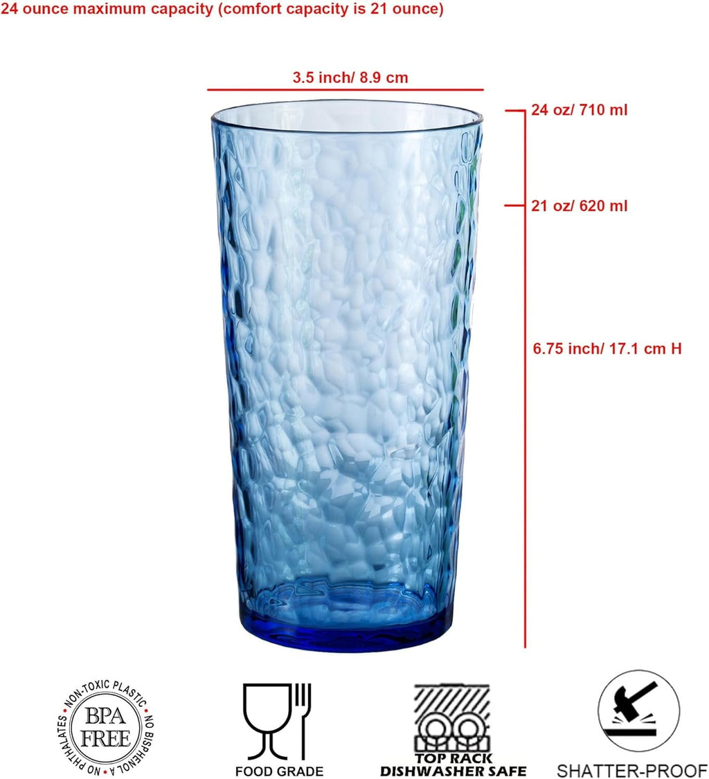 Hammered 24 ounce Plastic Drinking Tumbler Acrylic Glasses, Set of 8 Multicolor