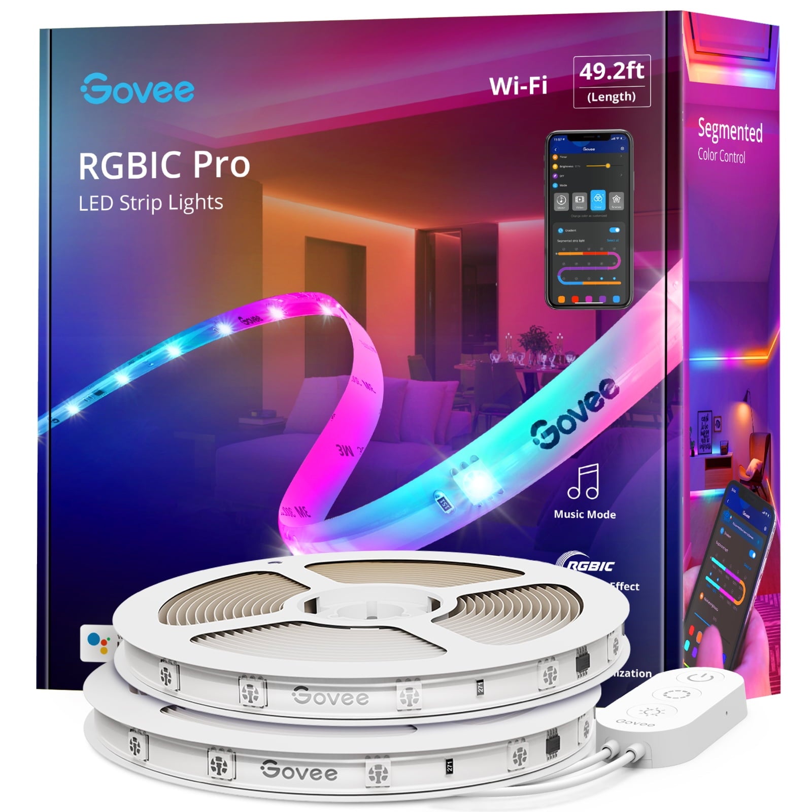 49.2ft Wi-Fi RGBIC Led Strip Light for Bedroom, Living Room, Kitchen Decoration, 16 Million Light Color, Warm White and Cool White 48W with Silicone Coating