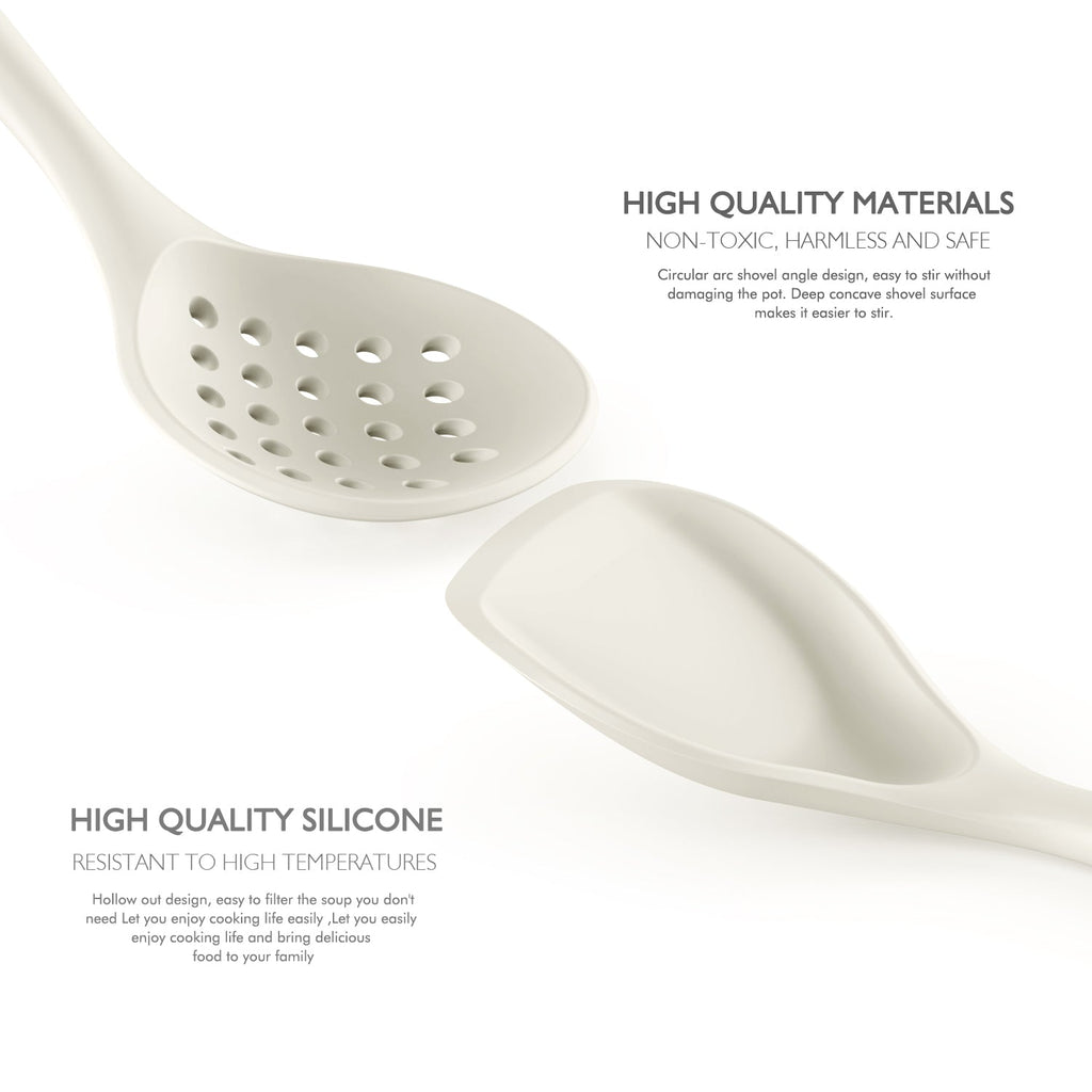 Large Silicone Cooking Utensils - Kitchen Utensil Set with Wooden Handles, Spatula,Turner, Slotted Spoon, Pasta server, Kitchen Gadgets Tools Sets for Non-Stick Cookware (Khaki)