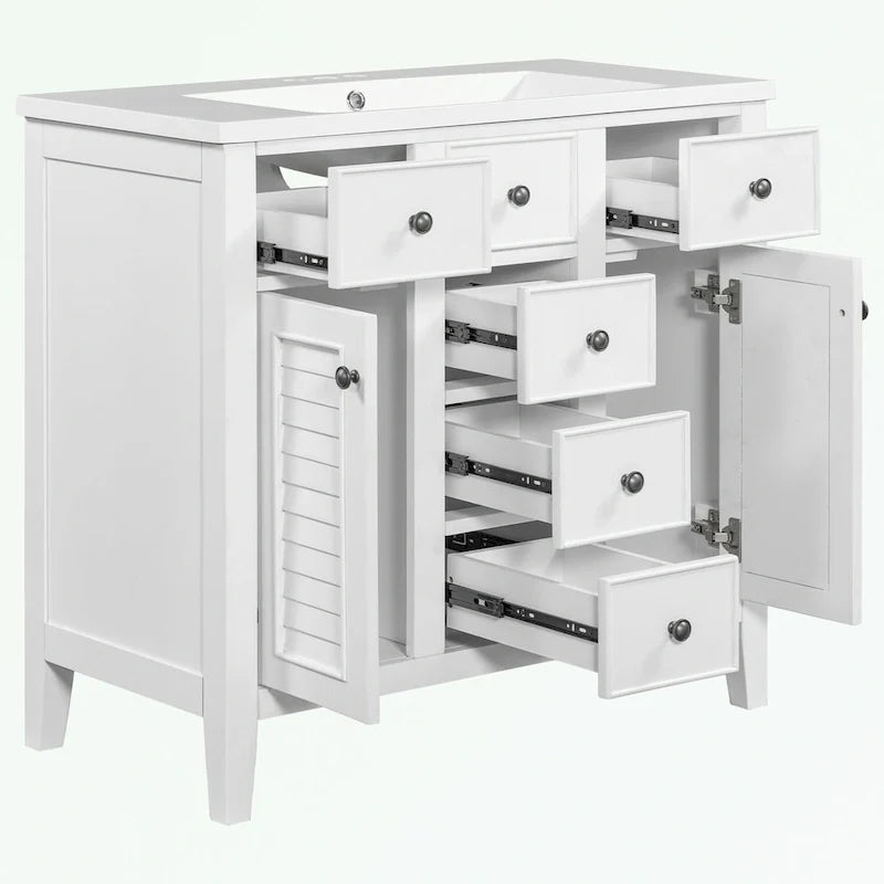 Bathroom Vanity with Ceramic Basin, Two Cabinets and Five Drawers