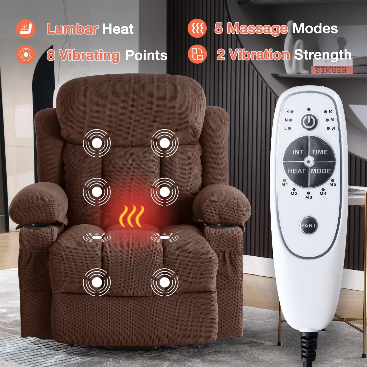 MAHOMICO Power Lift Recliner Chair for Elderly with Vibration Massage and Lumbar Heating, Electric Lift Recliner Single Sofa with Side Pocket, Two Cup Holders and USB Charge Port for Living Room