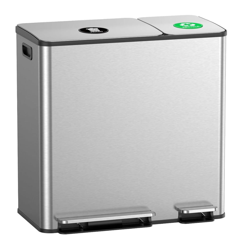 Lovewind Dual Trash and Recycling Bins for Kitchen, 13+6 Gallon Stainless Steel Garbage and Recycle Bin Combo for Large Families, Dual Trash Can with Soft Close Lid & Magnetic Stickers, Silver