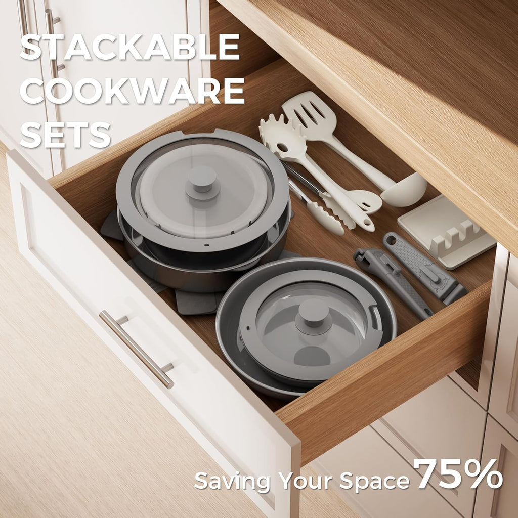 Sanho 21-Piece Pots and Pans Set, Healthy Ceramic Nonstick Cookware with Detachable Handles, Non-Toxic 4-Layer Stainless Steel & Aluminum Core, Induction RV Kitchen Set, Dishwasher & Oven Safe, Gray