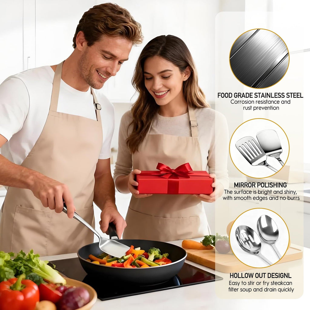 4 Pcs Cooking Utensils Set, Stainless Steel Kitchen Utensils, Kitchen Tools Set Include Solid & Slotted Turner Wok Spatula, Serving Spoon, Home Essentials Kitchen Gadgets Accessories