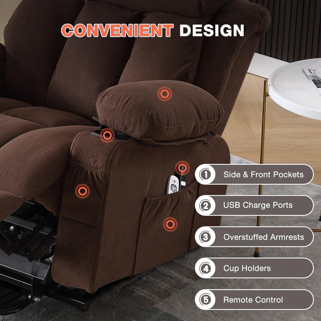 MAHOMICO Power Lift Recliner Chair for Elderly with Vibration Massage and Lumbar Heating, Electric Lift Recliner Single Sofa with Side Pocket, Two Cup Holders and USB Charge Port for Living Room