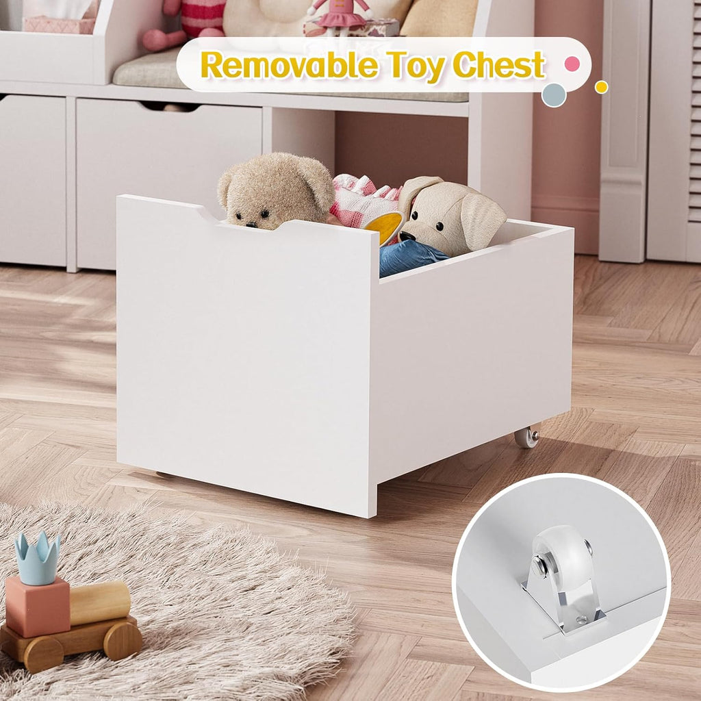 40" Kids Reading Nook with Bench, Toy Storage Organizer and Bookshelf with Seat Cushion, Kids Bookshelf with 3 Movable Drawers, Toy Storage Box on Wheels, Ideal for Nursery, Playroom, Bedroom, White