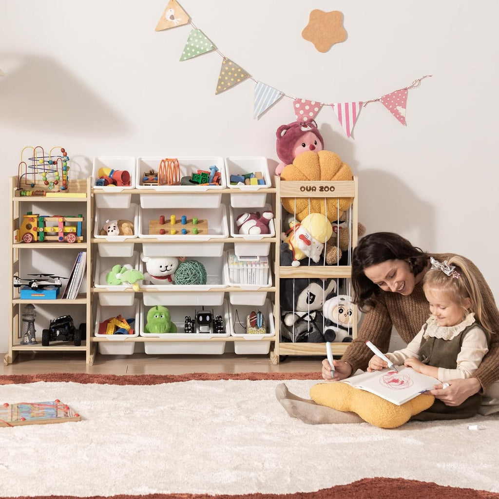 Large Kids Toy Storage Organizer - Toy Organizers and Storage with Stuffed Animal Storage, Kids Toy Storage Shelf with 12 Plastic Bins, 4-Tier Bookshelf for Kids Room, Playroom, Bedroom, 59 inch
