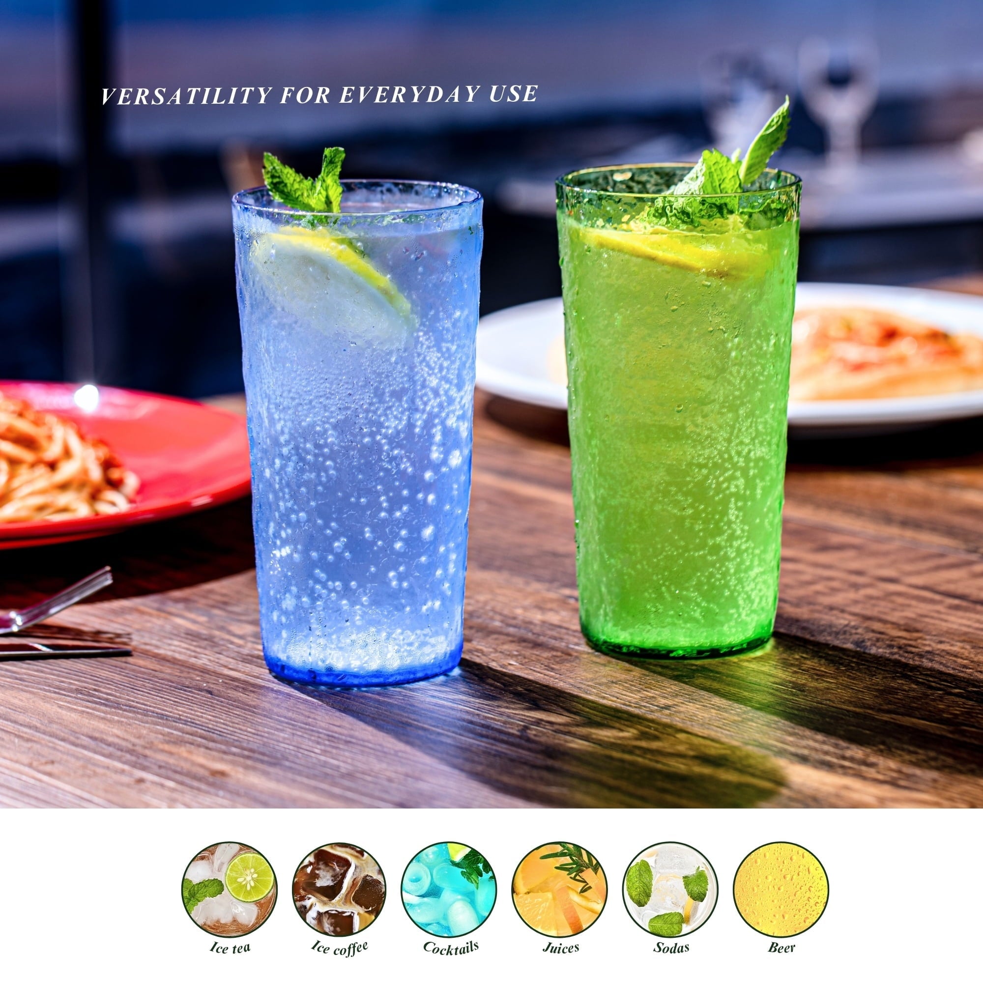 18oz Blue Acrylic Glasses Drinkware (Set of 8), Ice-Carved Shatter-Proof Plastic Tumblers