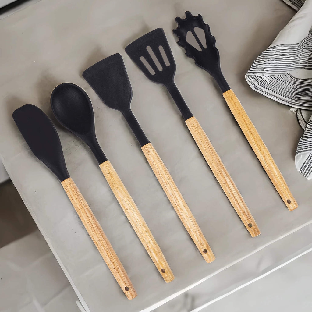 19-Piece Silicone Kitchen Utensil & Knife Set - Heat-Resistant Cooking Tools Non-Stick Safe Gift for Mom or Women Black