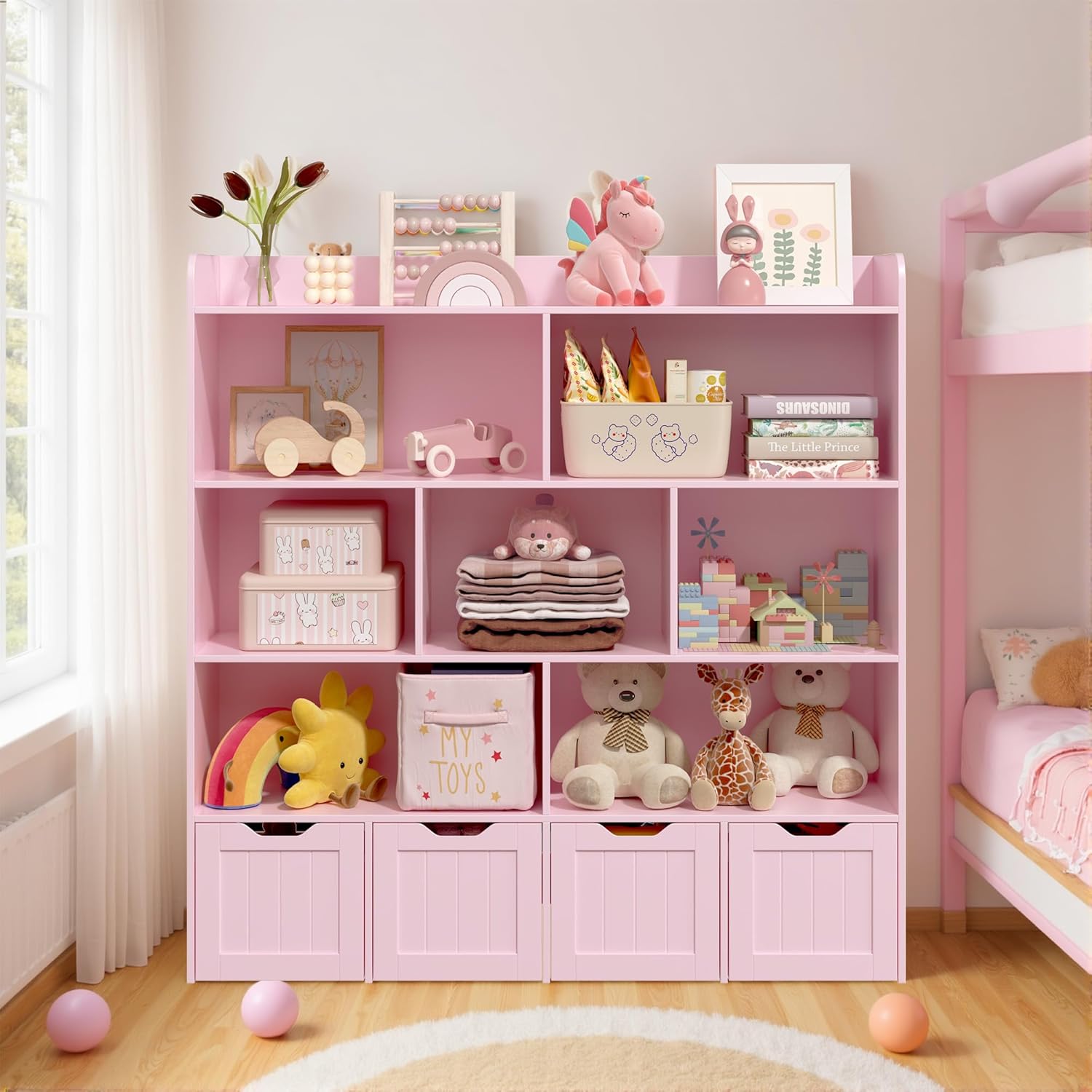 Gizoon Toy Storage Cabinet and Kids Bookcase with 4 Movable Drawers and 8 Open Shelves Toy Chest Shelf Organizer with Hidden Wheels for Playroom Nursery Kids Room, Pink