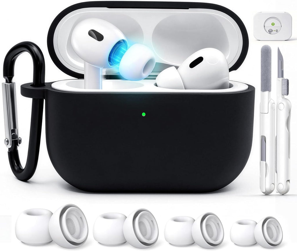 MOVDUUD 5-in-1 AirPods Pro 2 Case Bundle: Wireless Charging Compatible Silicone Cover with 4 Pairs Ear Tips (XS/S/M/L), 3-in-1 Cleaning Pen & Keychain for AirPods Pro 2nd/1st Gen