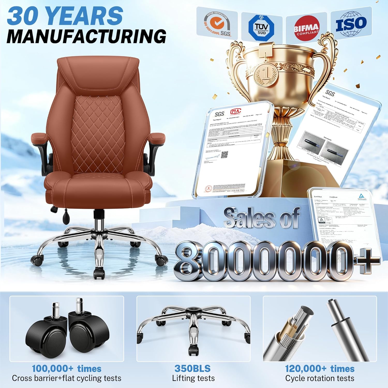 Office Chair, Big and Tall Ergonomic Desk Chair, Executive Leather Computer Chair with Adjustable Lumbar Support, Comfy Gaming Chair with Flip Up Arms, Swivel PC Chair with Rocking Function, Brown
