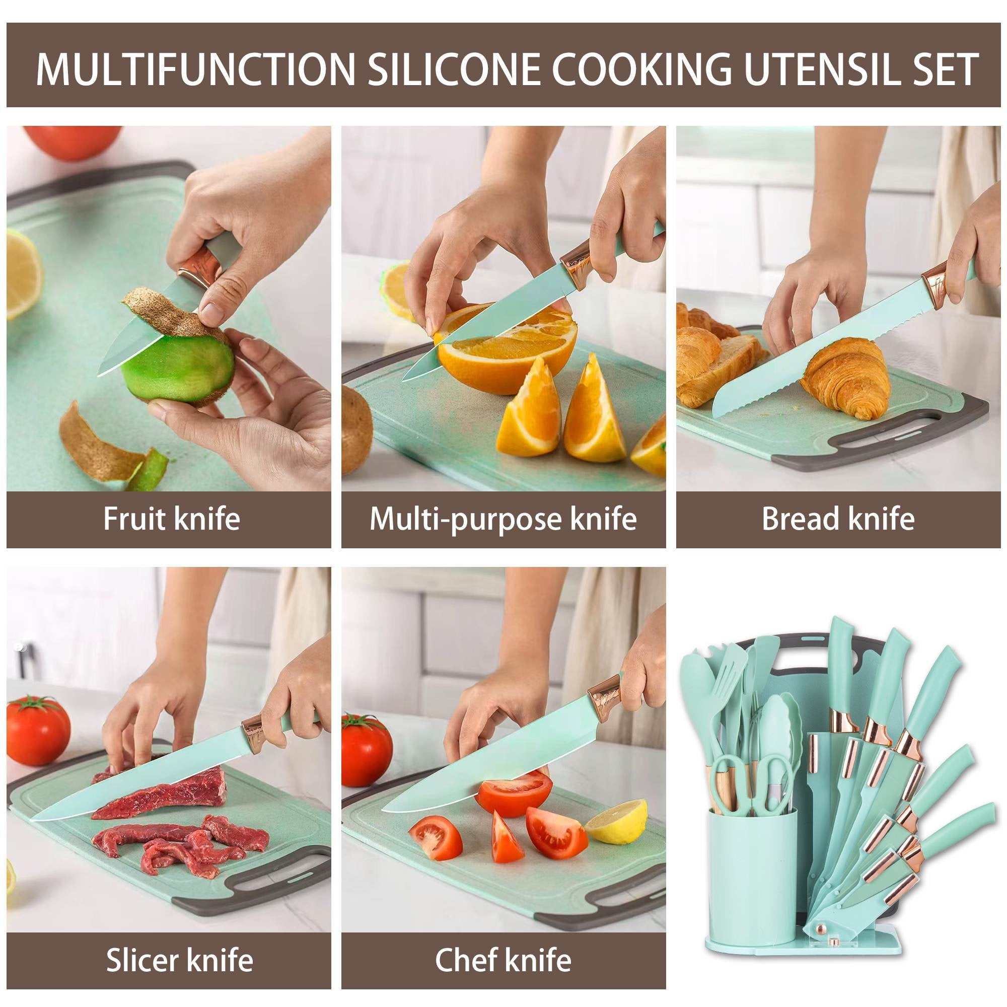 19-Piece Silicone Kitchen Utensil & Knife Set - Heat-Resistant Cooking Tools Non-Stick Safe Gift for Mom or Women Black