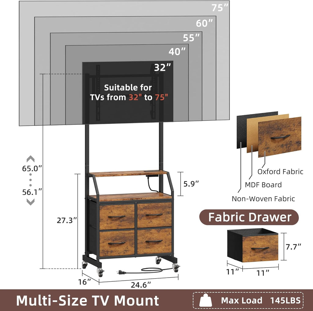 Rolling TV Stand with Mount & 4 Fabric Drawers - TV Stand with Wheels for 32-75" TV, Entertainment Center & Console Table for Living Room or Bedroom, Modern Television Stand with Storage, Rustic Brown