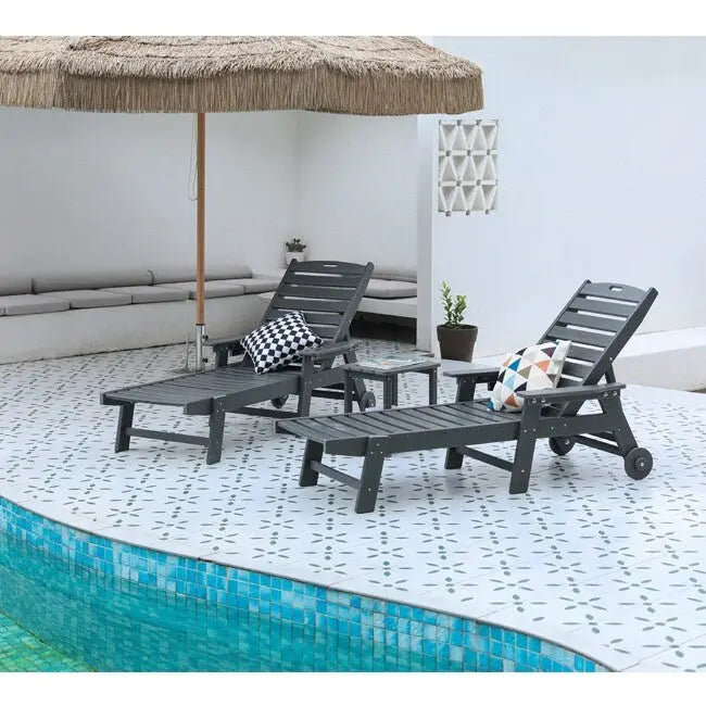 3-Piece Patio Set 2 Oversized Chaise Lounges (5-Position, Wheels, Cup Holder) + Side Table, All-Weather Wood Texture.