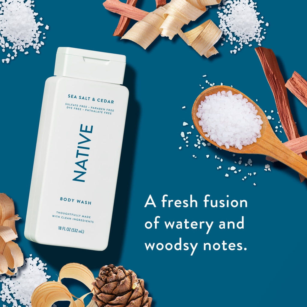 Body Wash, Sea Salt & Cedar, Sulfate Free, Naturally Derived Ingredients, 24hr Freshness, for Women & Men, 18 fl oz