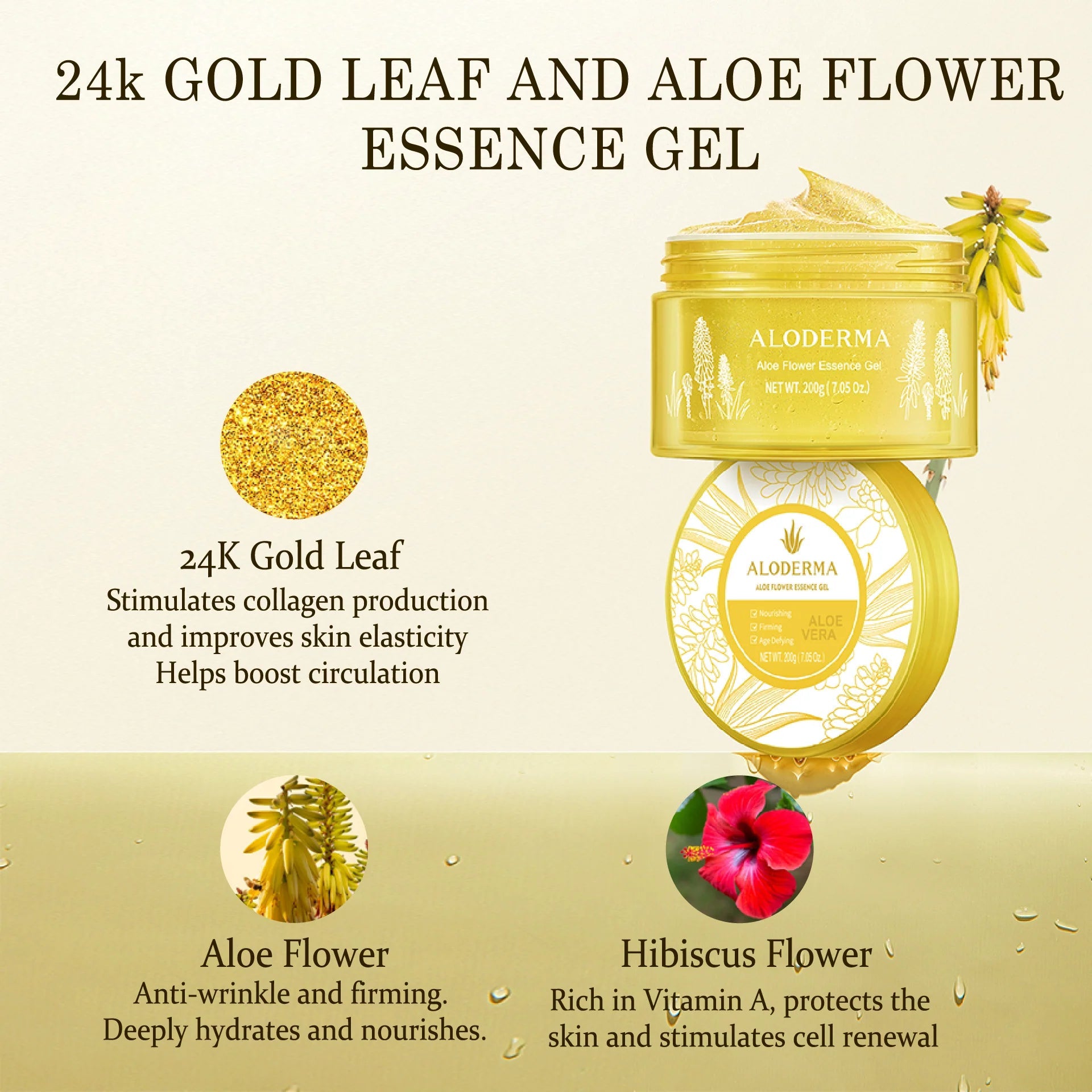 Age-Defying 24K Gold Leaf Aloe Flower Essence Gel, Made within 12 Hours of Harvest - Luxurious Aloe Gel with Allantoin & Hyaluronic Acid for a Glowing, Shimmering, Youthful Complexion, 7oz