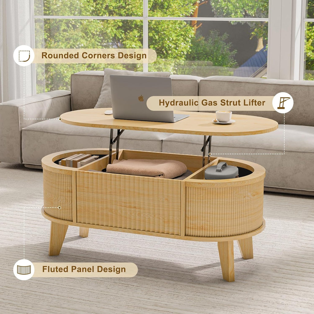 LYNCOHOME Fluted Lift Top Coffee Table with Storage,Modern Oval Coffee Table for Living Room Or Home OfficeNatural