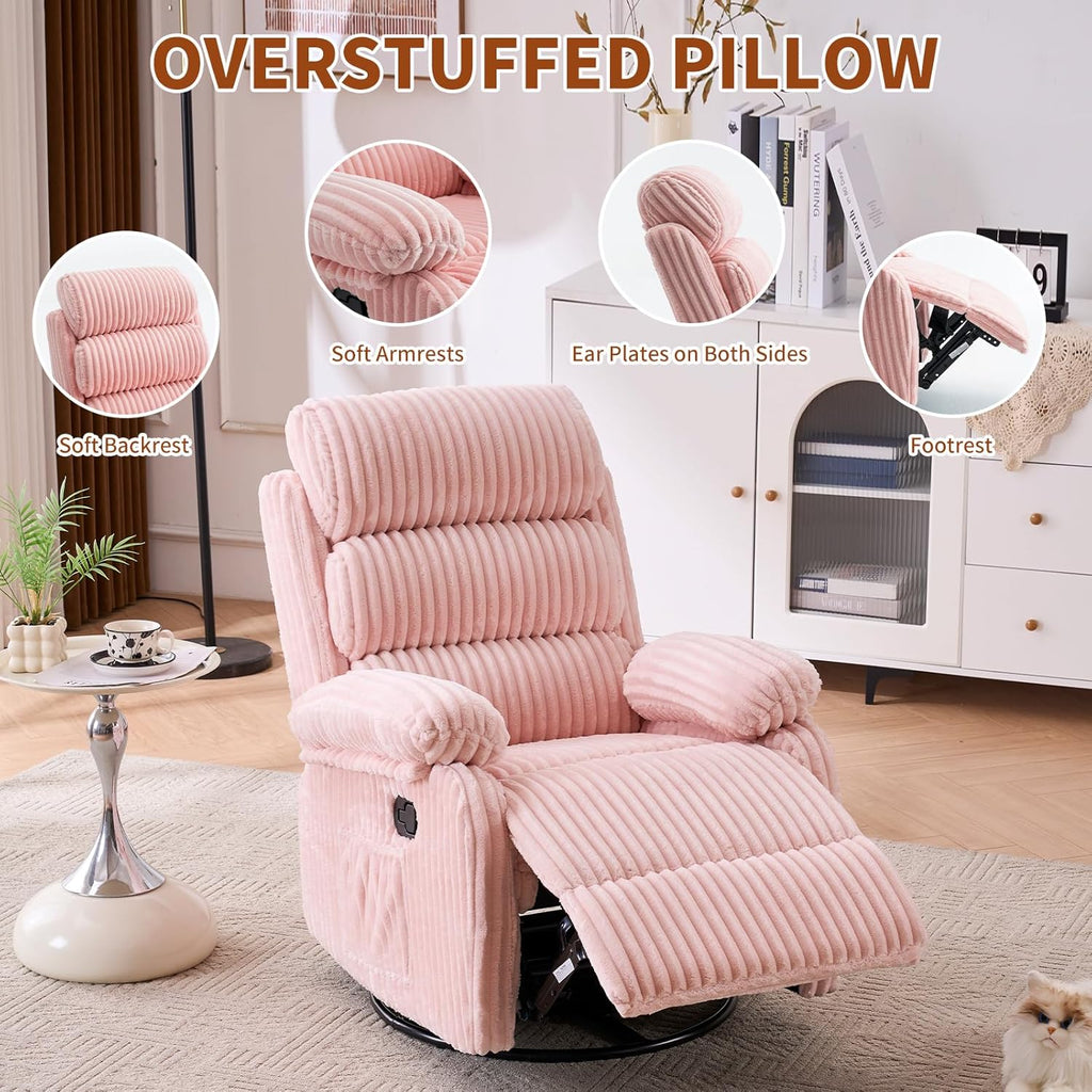 Snug-Cushioned Velvet 360° Swivel Recliner Chair - Gliding Rocking Chair Nursery Recliner, Generous Footrest, Padded Armrests & Side Pocket, Perfect for Nursery & Compact Spaces, Pink