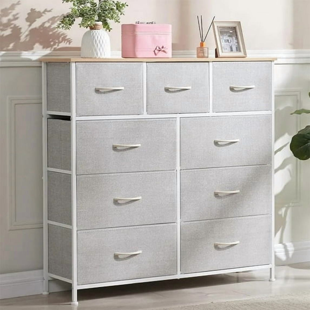 Dresser, Storage Organizer with 9 Drawers for Bedroom, Chest of Drawer with Fabric Bin, Sturdy Metal Frame, Wood Top for Closet, Nursery,Black