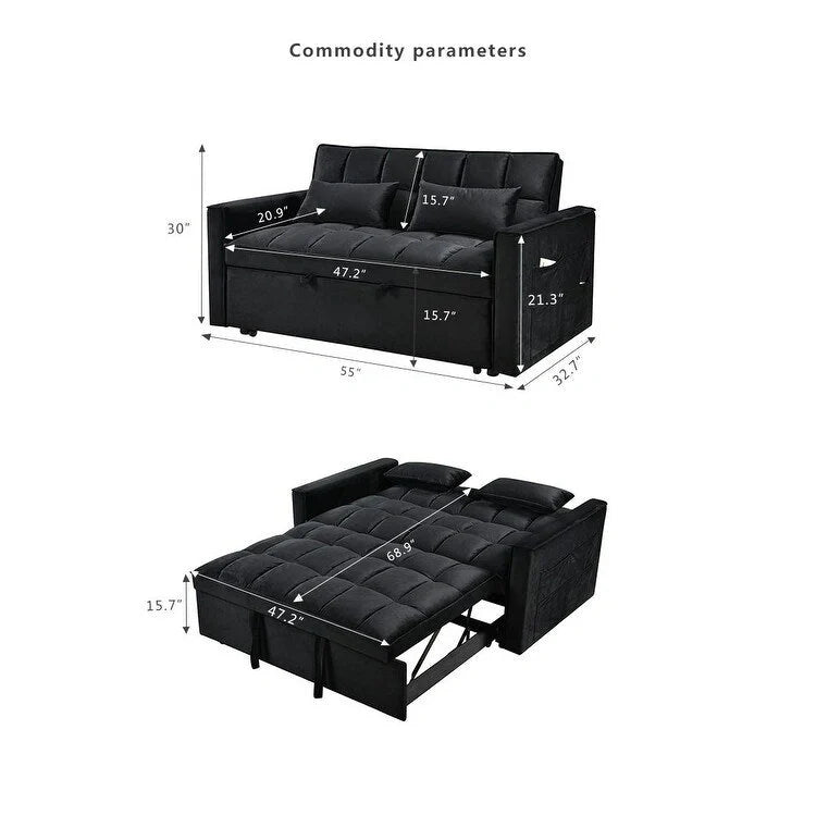 Modern Velvet Futon Loveseat with Reclining Backrest & Pockets, Seats 2 ?Dark Gray / Light Gray / Blue / Black