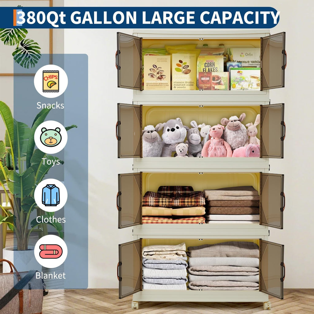 3 Tier Plastic Storage Bins with Lid 48QT, Storage Containers with Wheels, Folding Storage Boxes, with Magnetic Doors for Home,Office, Dorm Room