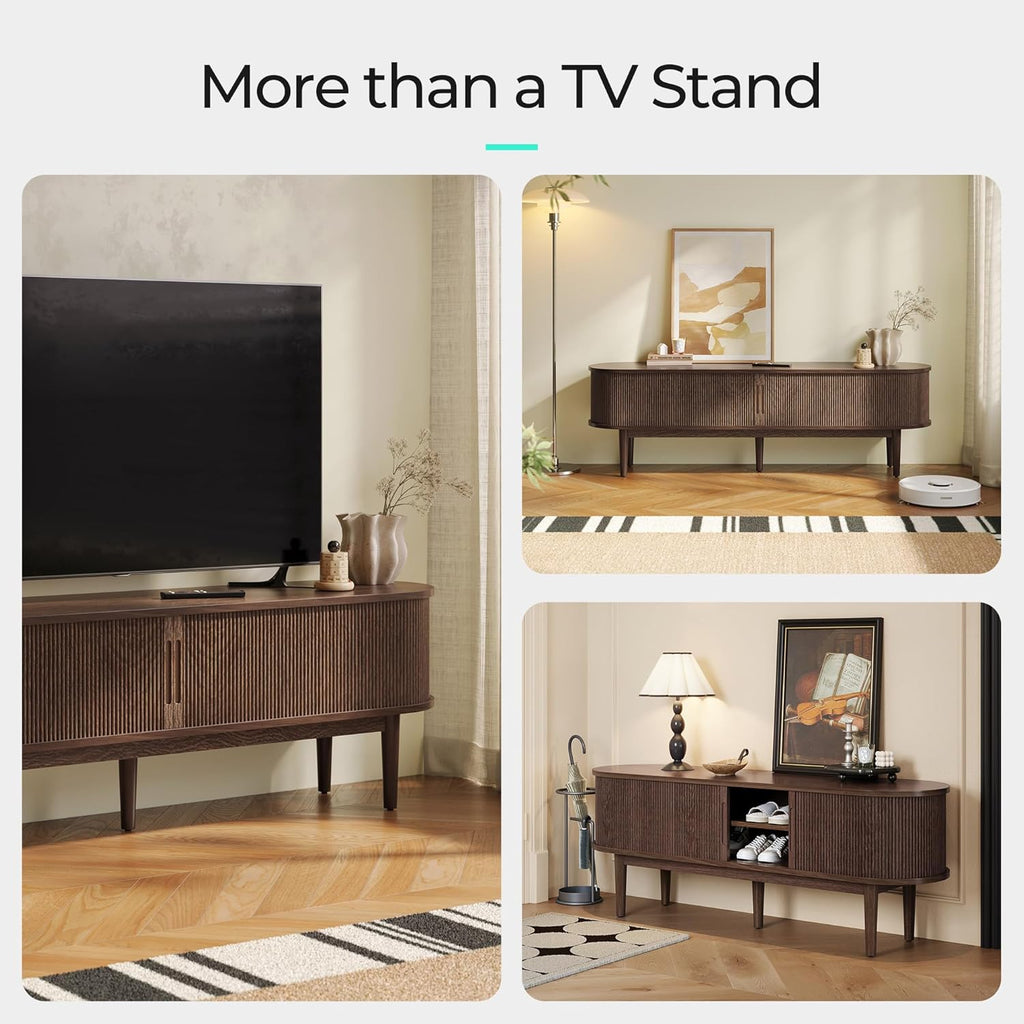 LINSY HOME Fluted TV Stand for 75" TV, Mid-Century Modern 70" Entertainment Center with Sliding Tambour Door and Storage Cabinet, Cruved TV Media Console Table for Living Room, Bedroom, Walnut