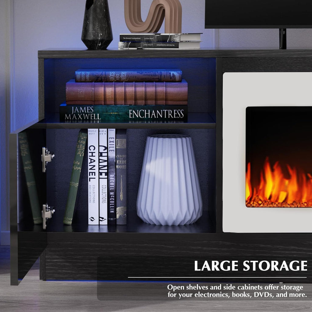 Lemberi Fireplace tv Stand with 36 inch White Fireplace Up to 80" TVs,LED Light Entertainment Center and Storage, 70" Modern Wood Media TV Console with Highlight Cabinet for Living Room