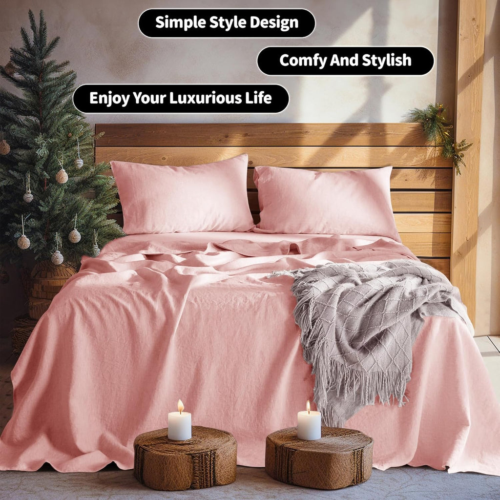 LBRO2M 100% Pure Linen Sheet Set Deep Pocket Up to 16" Bed Sheets Sets, Natural Flax Beddings Soft, Breathable, Comfortable for All Seasons 4 Pcs Sheet Set Queen Size, Blush Pink