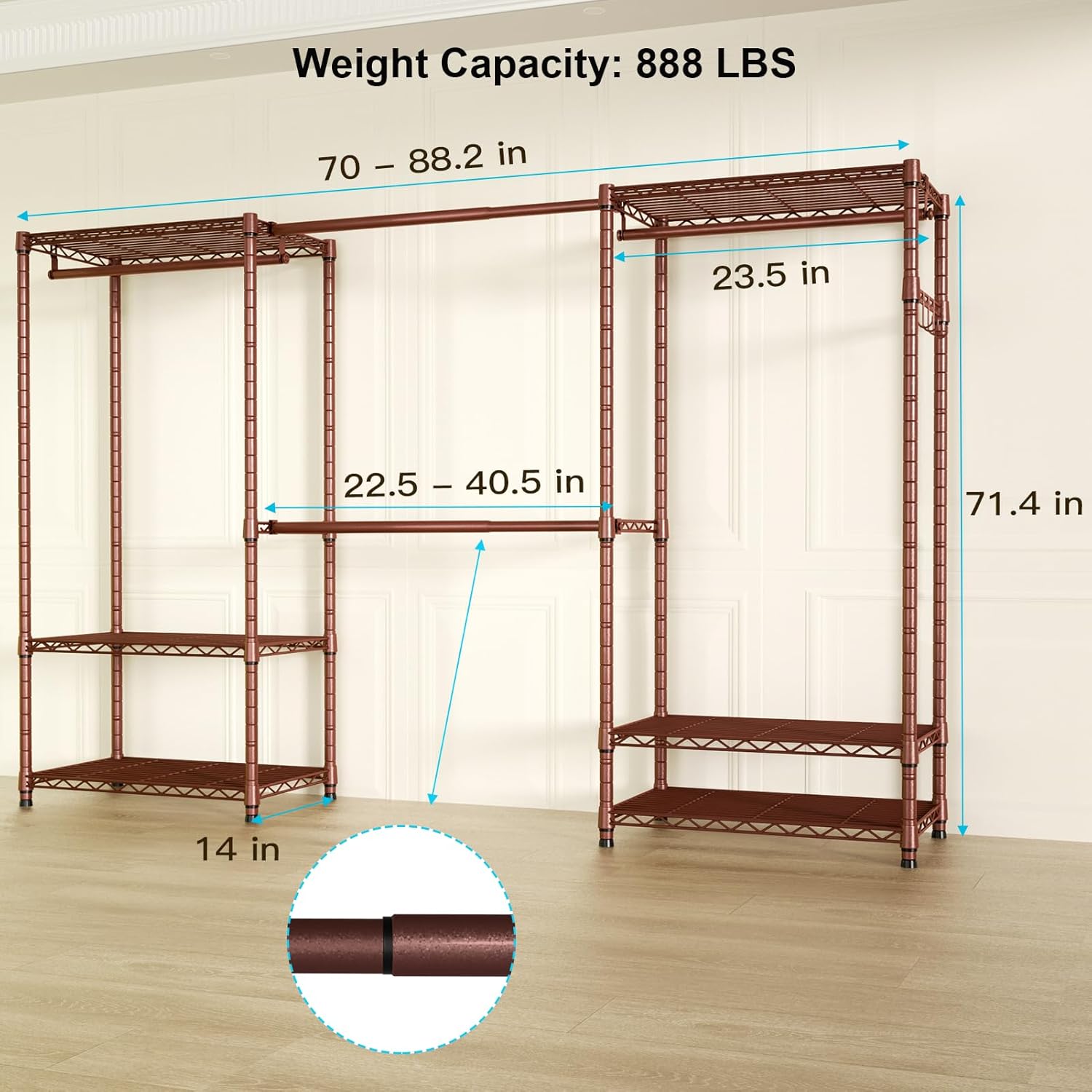 Ulif E1 Heavy Duty Closet Garment Rack, 6 Tiers Adjustable Metal Freestanding Expandable Clothing Storage with 4 Hanger Rods, Easy to Assemble Wardrobe, 71.4" H x (70" - 88.2") L x 14" D, Bronze