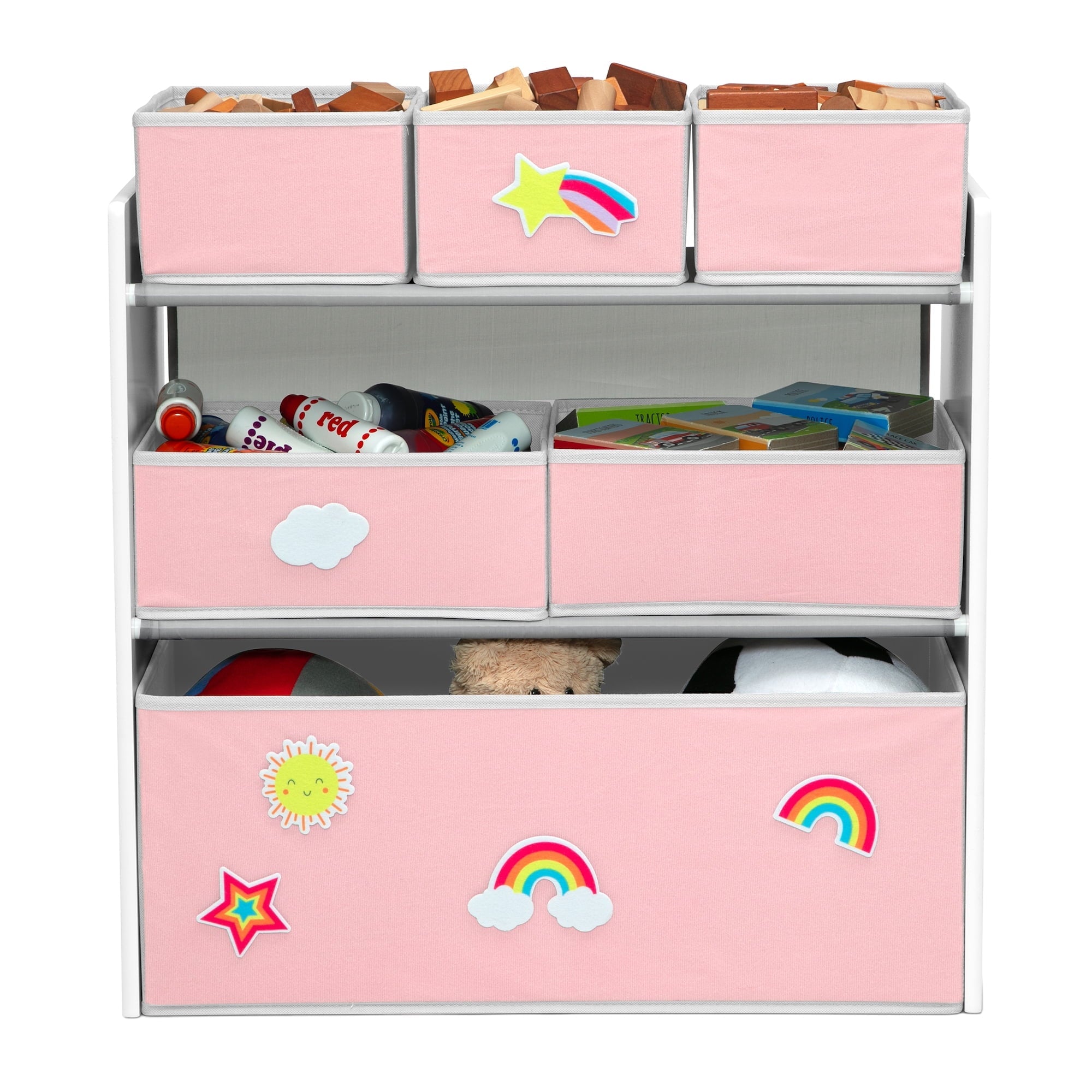 Design & Store 6 Bin Toy Storage Organizer with Interchangeable Patches, Green/Pink