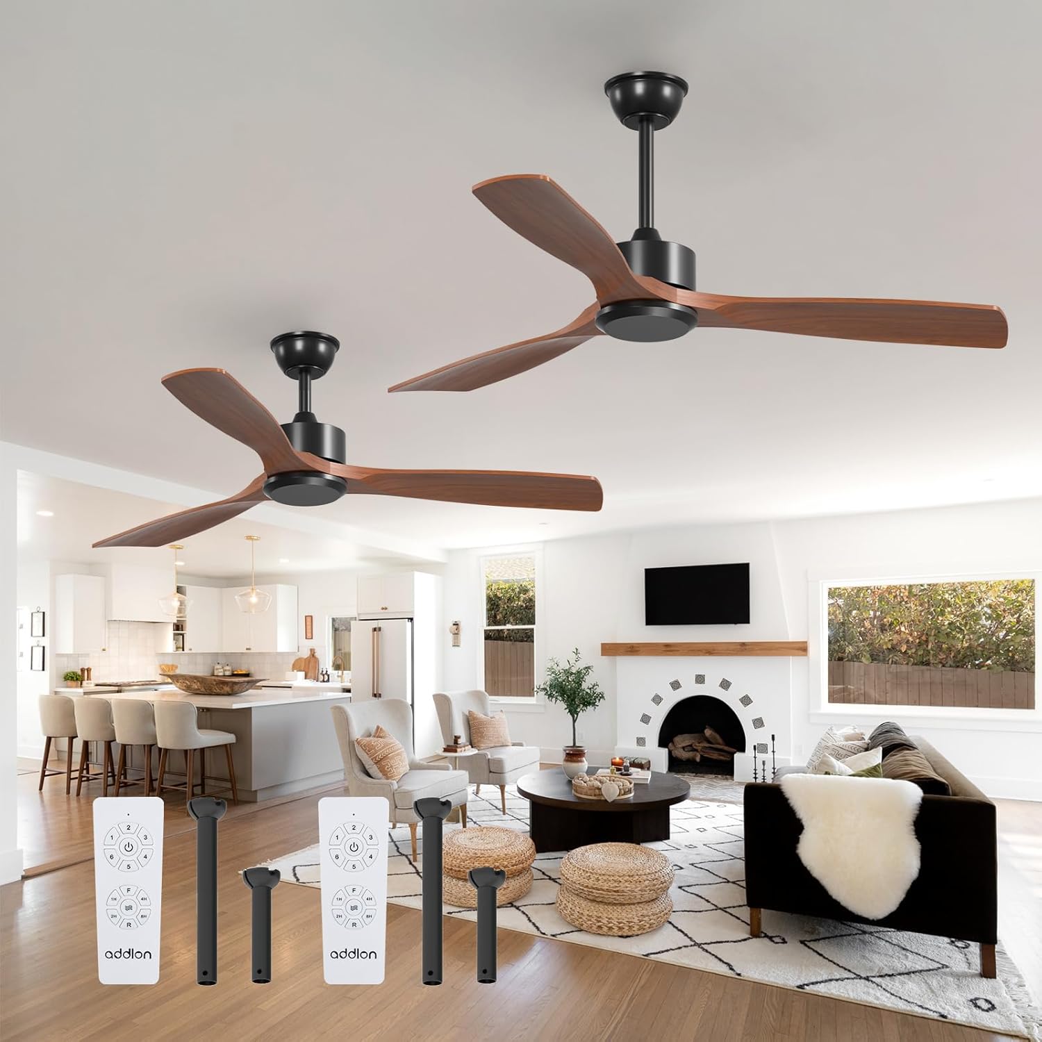 addlon 2 Pack 52 inch Ceiling Fan No Light, Black Ceiling Fans with Remote Control, Reversible, 3 Wood Blades, 6 Speeds, Noiseless, Wood Ceiling Fan without Light for Indoor/Outdoor Use
