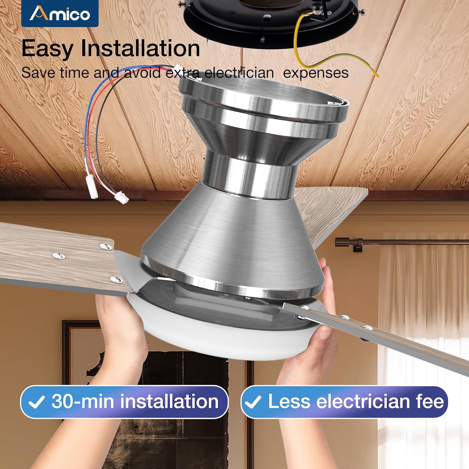 Amico 2 Pack Ceiling Fans with Lights, 42 inch Low Profile Ceiling fan with Light and Remote Control, Flush Mount, Reversible, 3CCT, Dimmable, Noiseless, Nickel Ceiling Fan for Bedroom, Indoor/Outdoor
