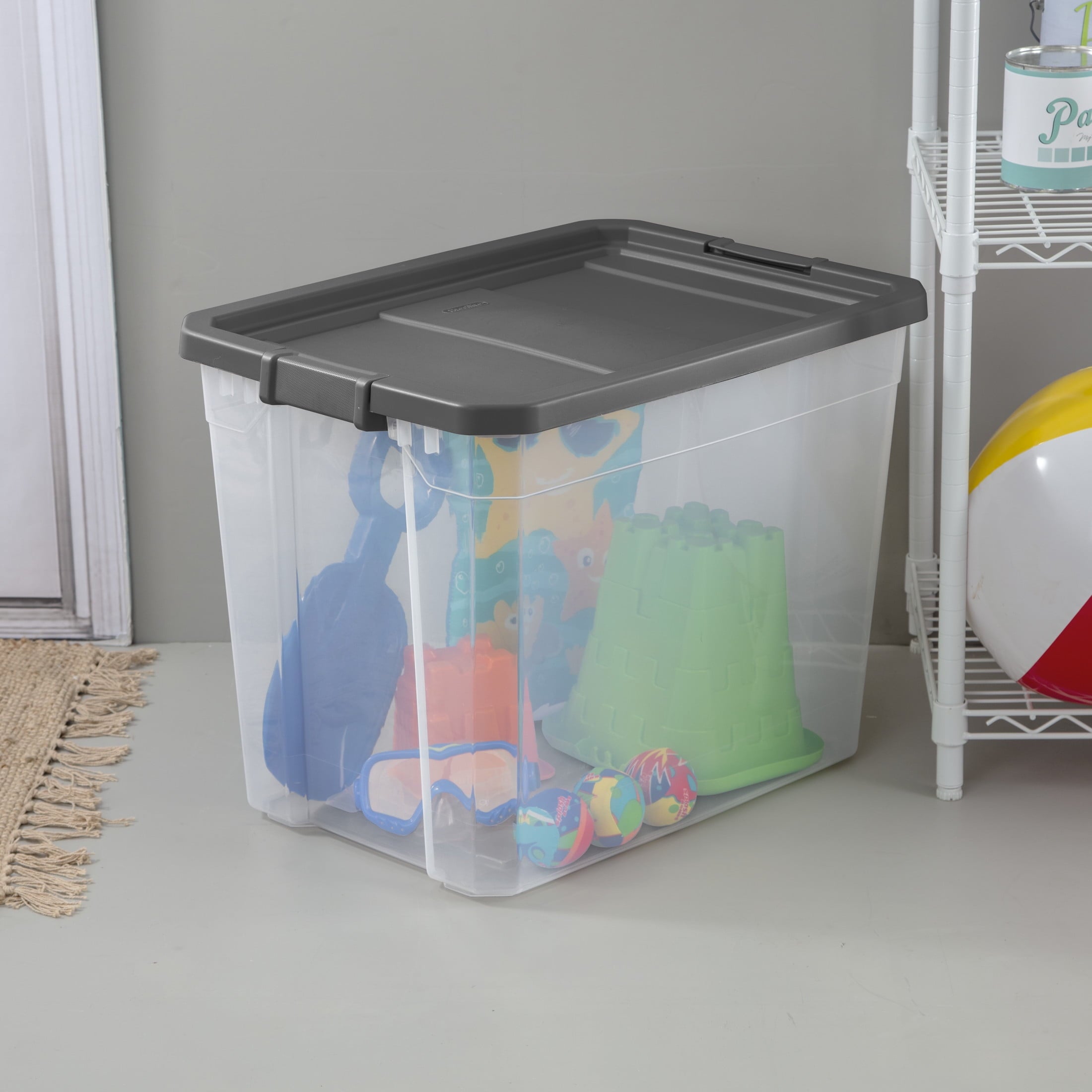108 Quart Extra-Large Storage Bin, Clear Plastic Storage Container with Latch Lid, Dark Gray