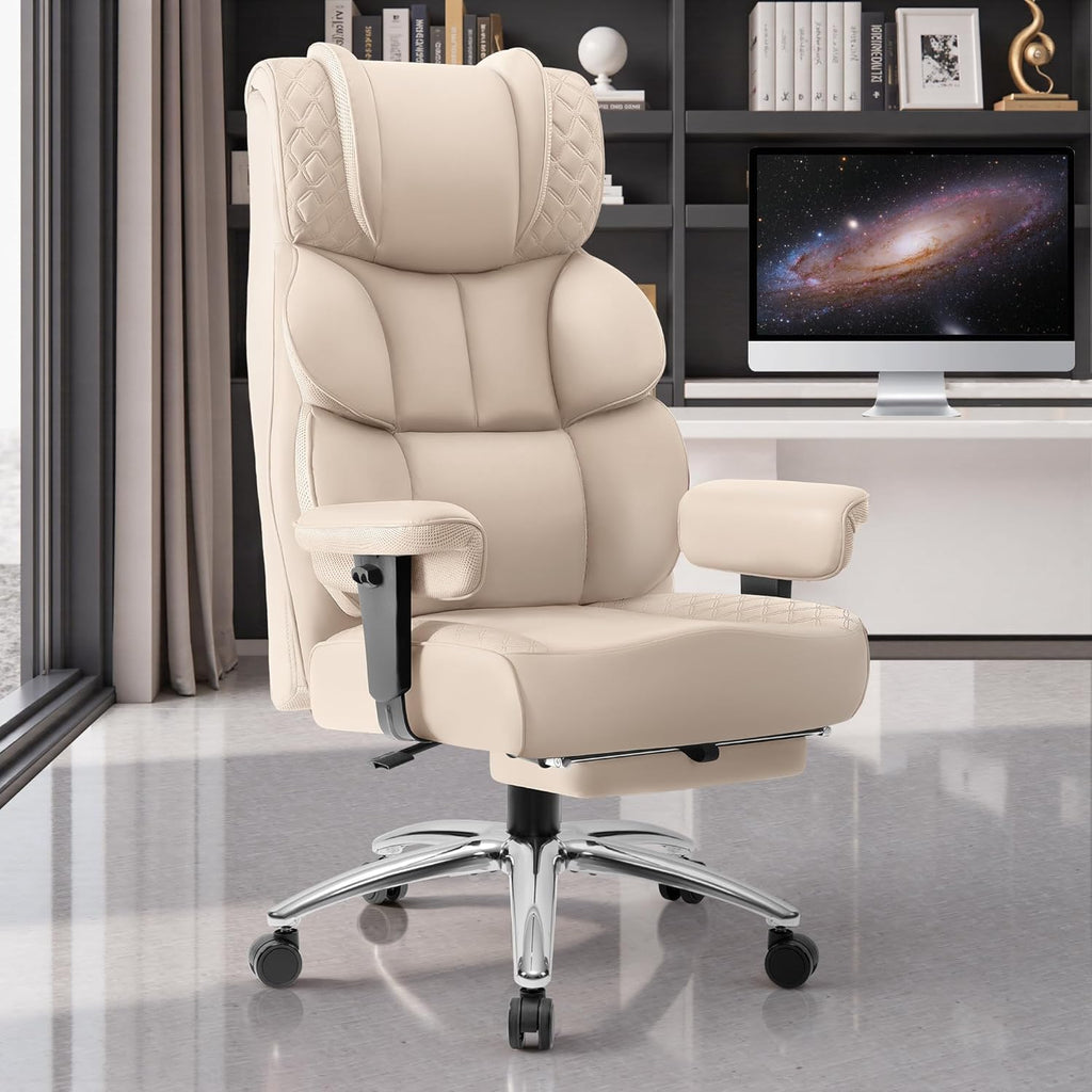 BestGlory Office Desk Chair, Big and Tall Leather Gaming Chair with Footrest, Wide Ergonomic Comfy Executive High-Back Reclining Computer Chairs, Swivel Rolling Wheels and Padded Lumbar Support, Beige