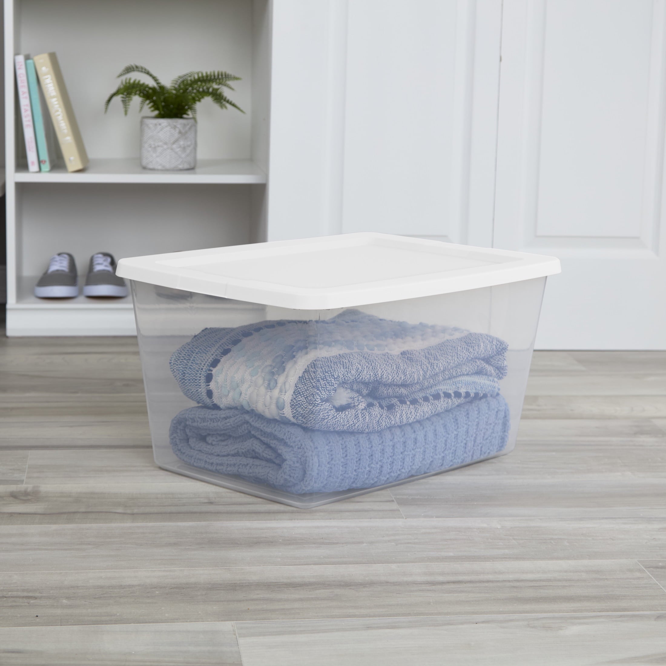 20 Quart Small Storage Bin, Clear Plastic Storage Container with Snap-On Lid, White