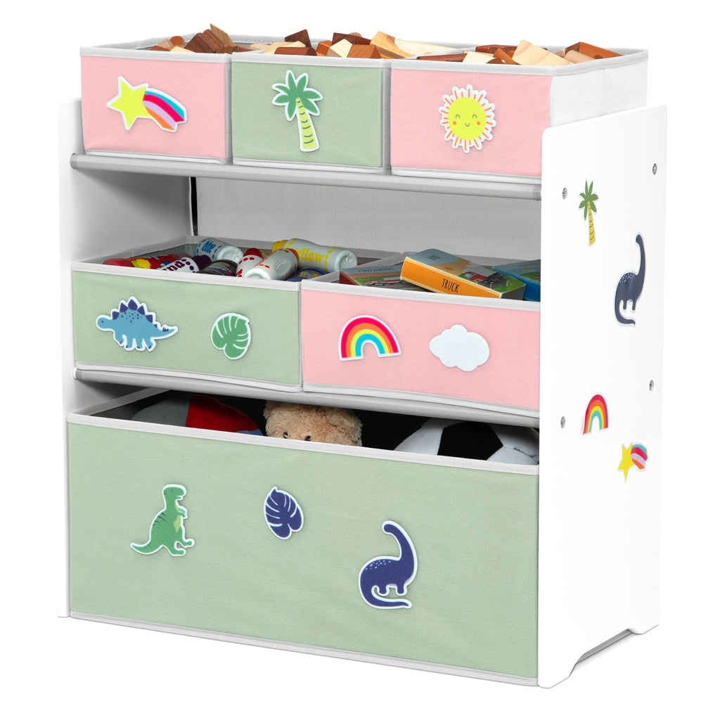 Design & Store 6 Bin Toy Storage Organizer with Interchangeable Patches, Green/Pink