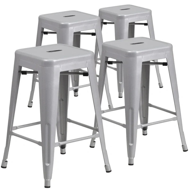 4 Pack 24H Backless Metal Indoor-Outdoor Counter Height Stool w/Square Seat