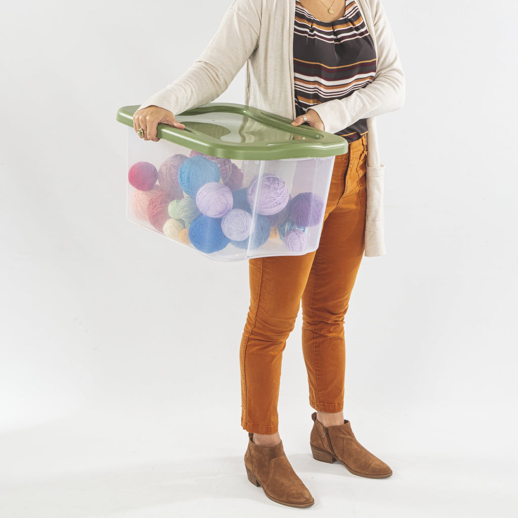 EZ Carry 40 Quart Medium Storage Bin, Clear Plastic Storage Container with Full-Grip Handles, Green